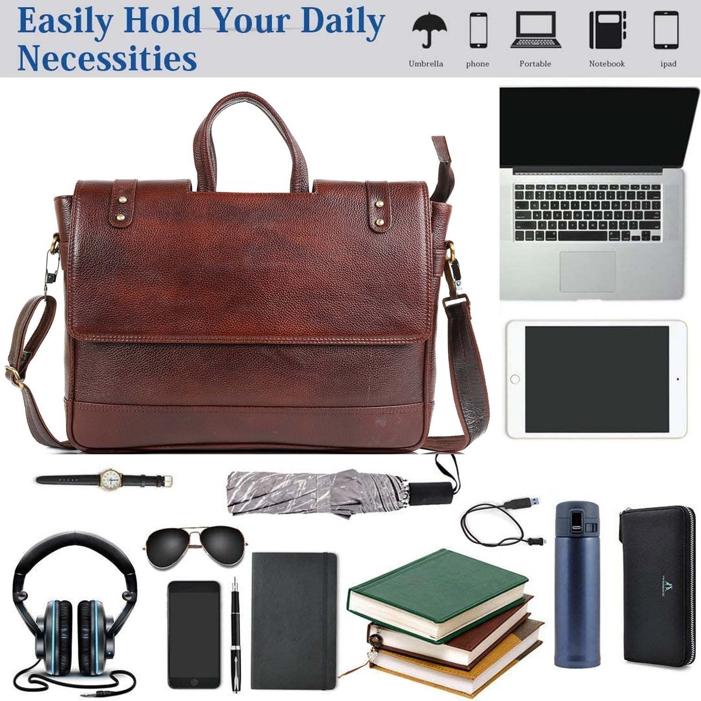 Messenger Bag, Men’s Leather Briefcase & Business Travel Office Laptop Bag – Adjustable Shoulder Strap